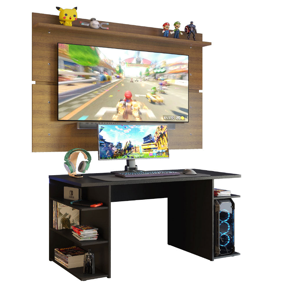 Escritorio Gamer Madesa 9409 e Panel para TV hasta 65 Pulgadas Negro/Marrón