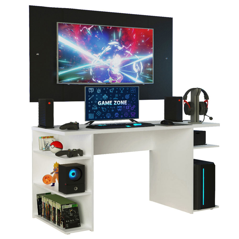 Escritorio Gamer Madesa 9409 con Panel para TV hasta 58 Pulgadas Blanco/Negro