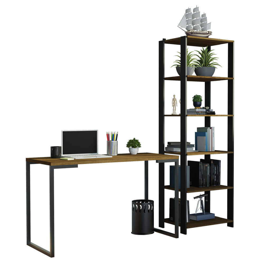 Combo Escritorio/Oficina con Mesa Industrial + Estante Negro/Marrón Madesa