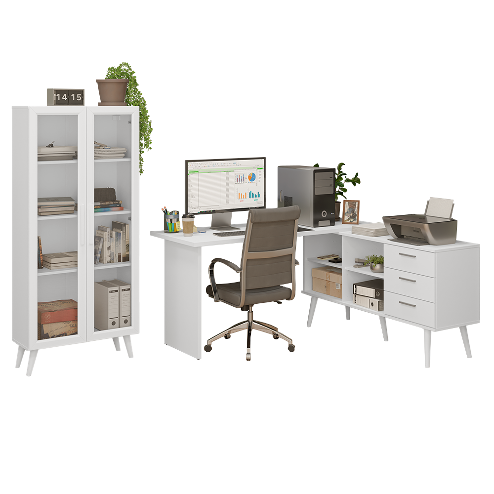 Kit 2 Piezas con Escritorio Esquinero 3 Cajones y Vitrina Multiuso Blanco