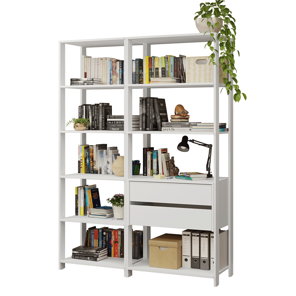 Estantería multiusos para oficina, 129 cm, 9 estantes, 2 cajones, color Blanco