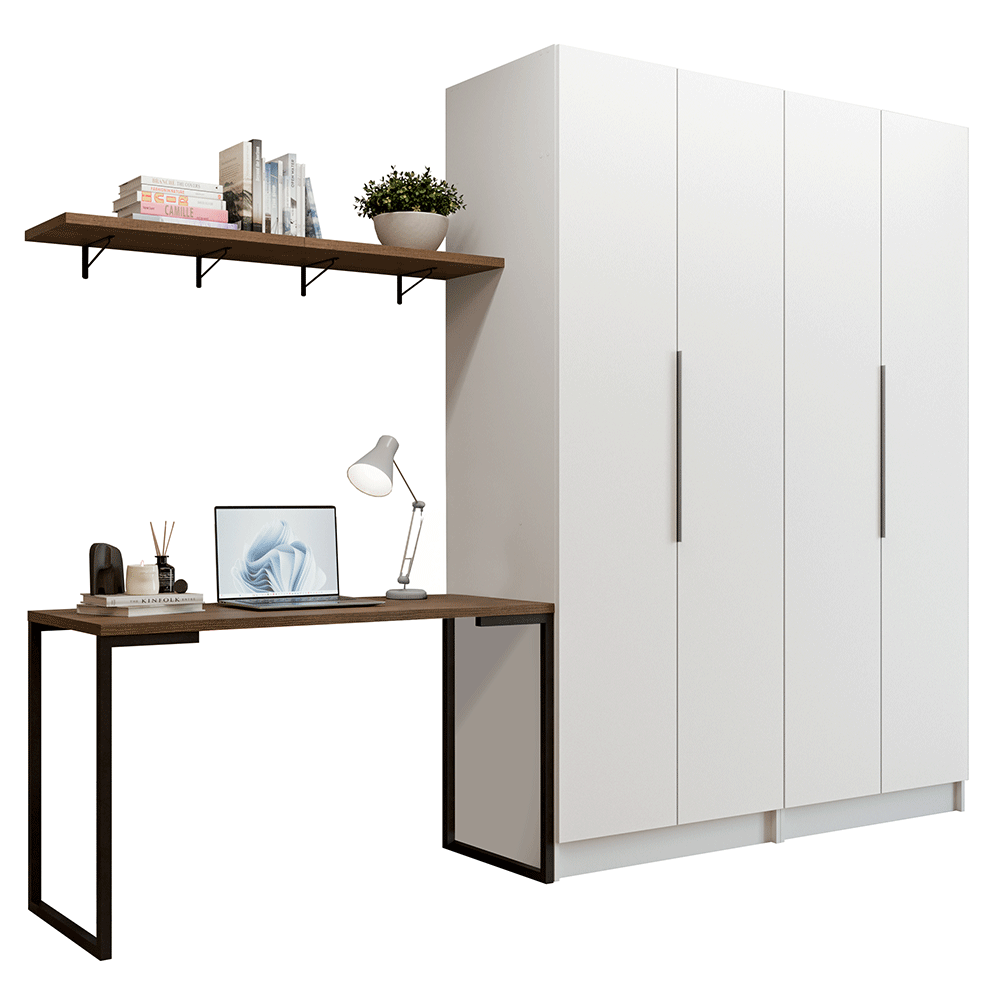 Combo Home Office Madesa Neo con 2 Armarios, Escritorio y 2 Estantes Blanco/Marrón