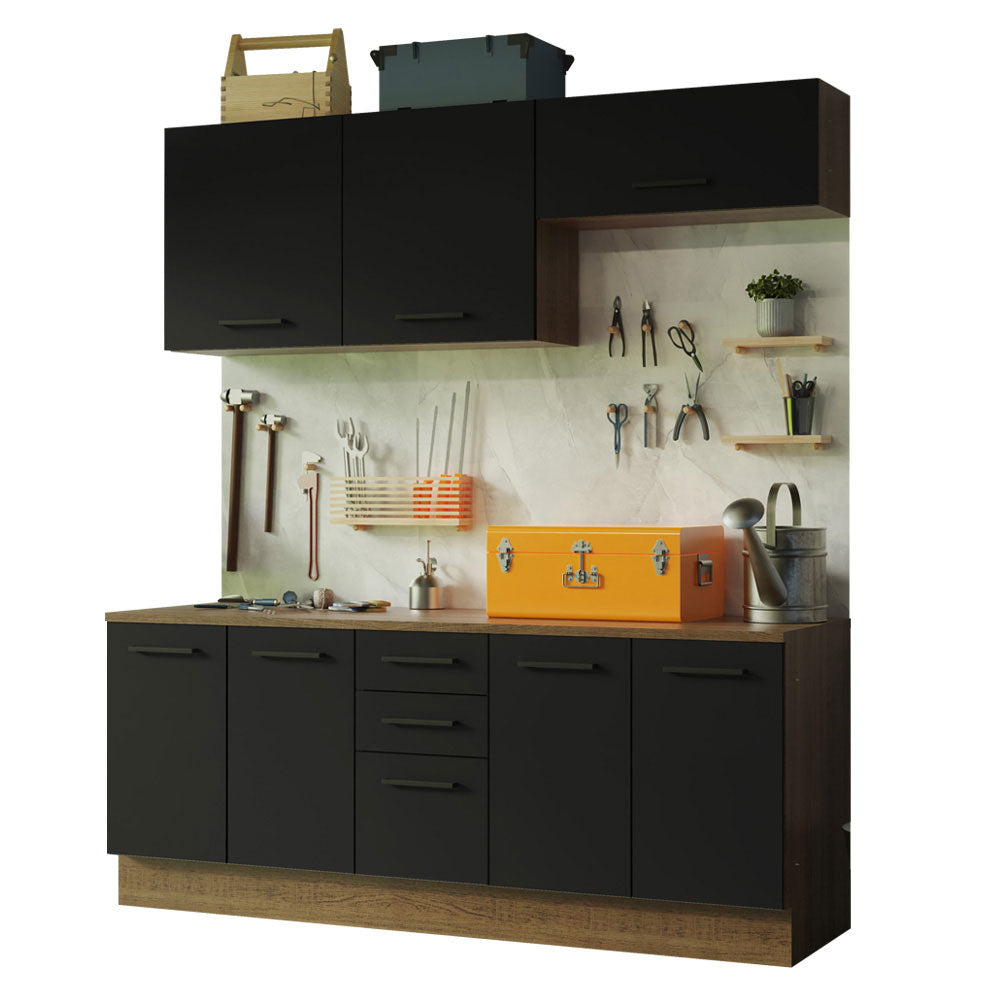 Kit con 2 Bajo mesada e 2 Alacena Multiuso 200cm Marrón/Negro Agata Madesa