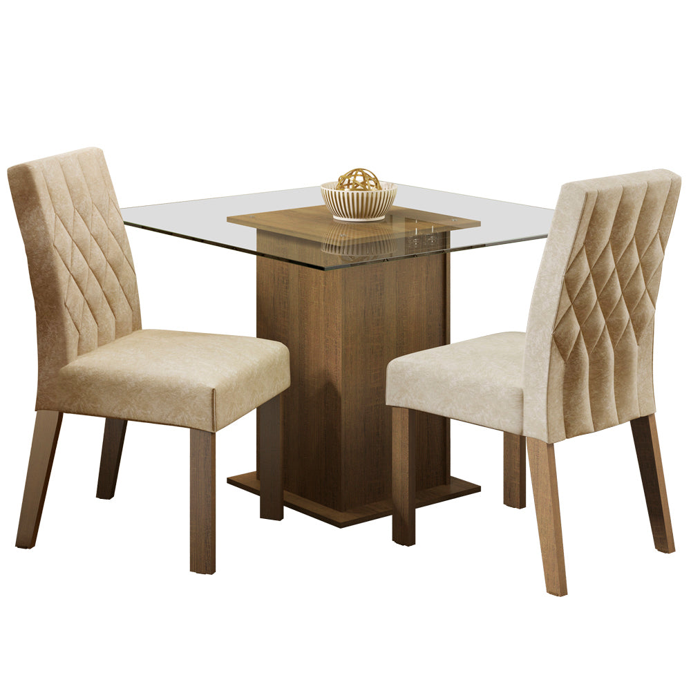 Juego de Comedor Madesa Cassia Mesa Tapa de Vidrio con 2 Sillas Marrón/Imperial