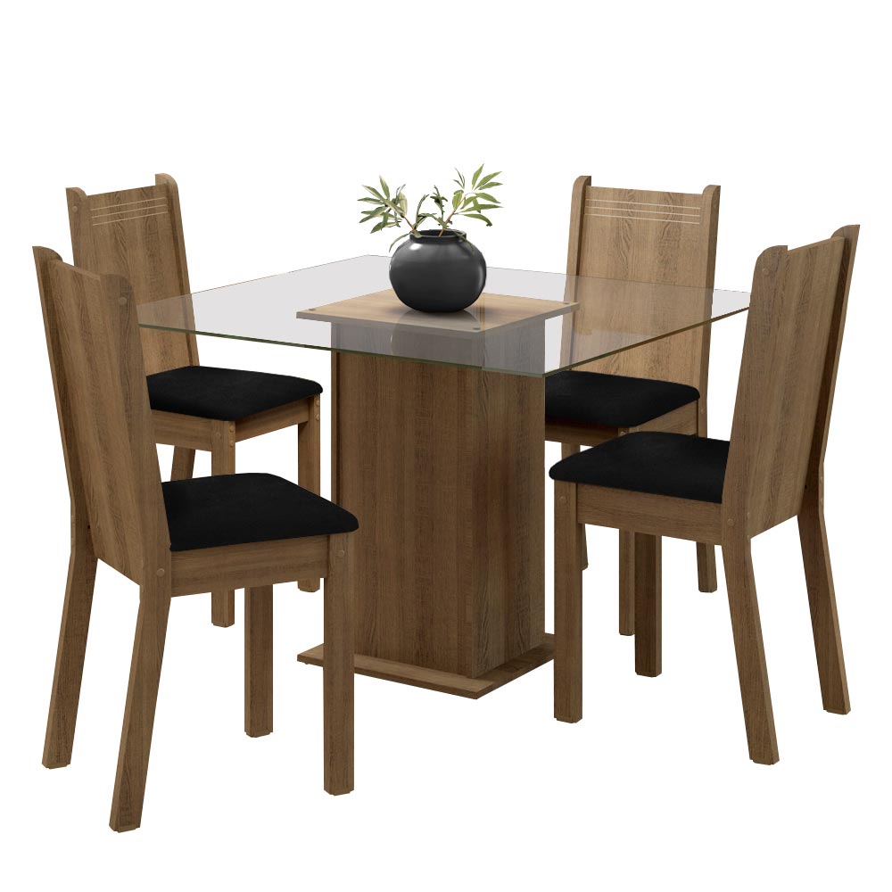 Juego de Comedor Madesa Maya Mesa Tapa de Vidrio con 4 Sillas Marrón/Sintético Negro