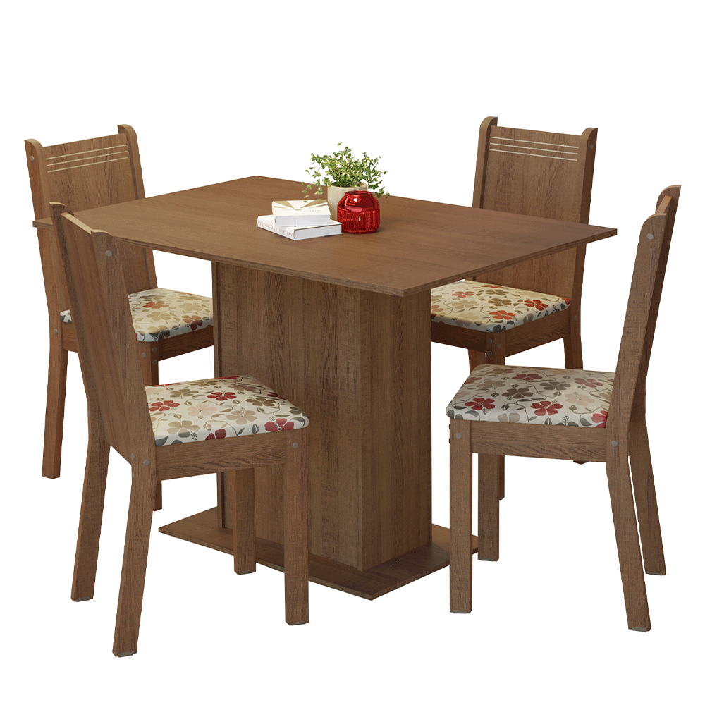 Juego de Comedor Madesa Luana Mesa Tapa de Madera con 4 Sillas Marrón/Floral Hibiscos