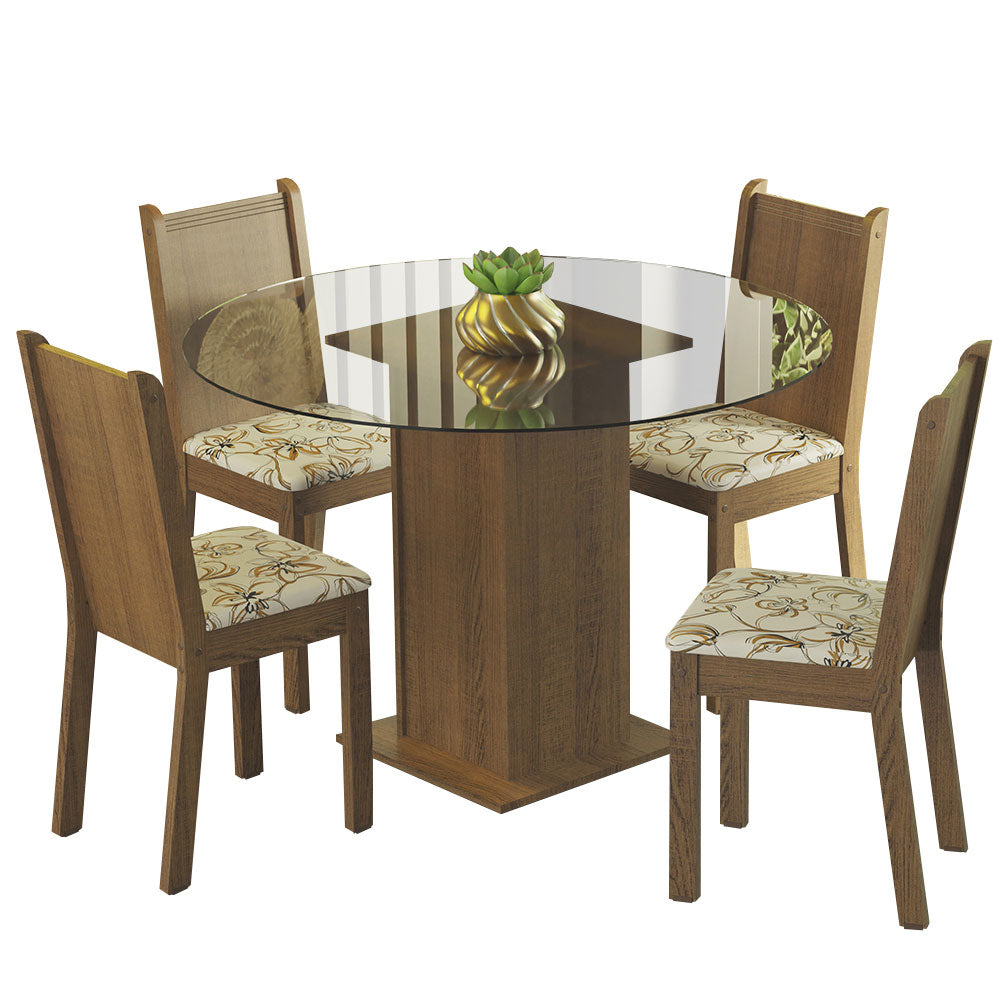 Juego de Comedor Madesa Débora Mesa Tapa de Vidrio Redondo 4 Sillas Marrón/Lírio Beige