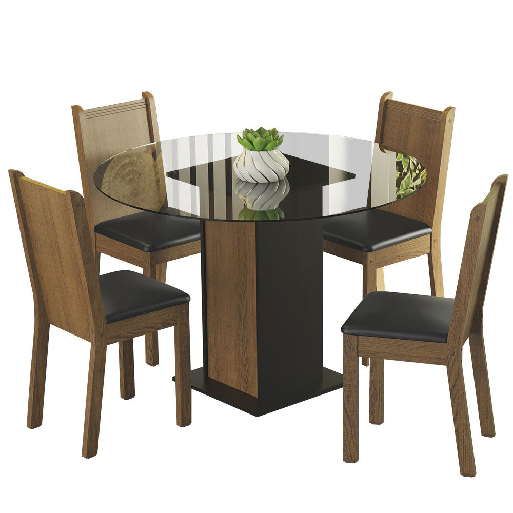 Juego de Comedor Madesa Débora Mesa Tapa de Vidrio Redondo 4 Sillas Negro/Marrón
