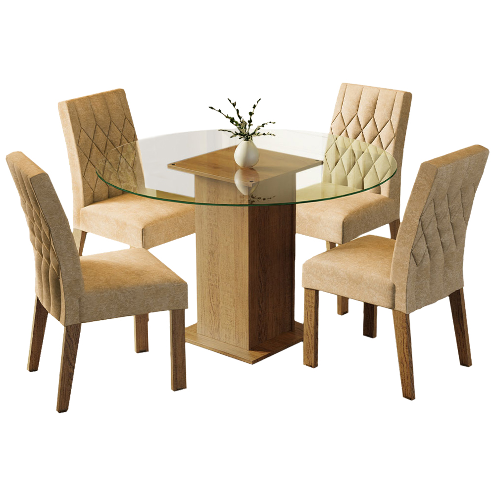 Juego de Comedor Madesa Iris Mesa Tapa de Vidrio Redondo con 4 Sillas Marrón/Imperial