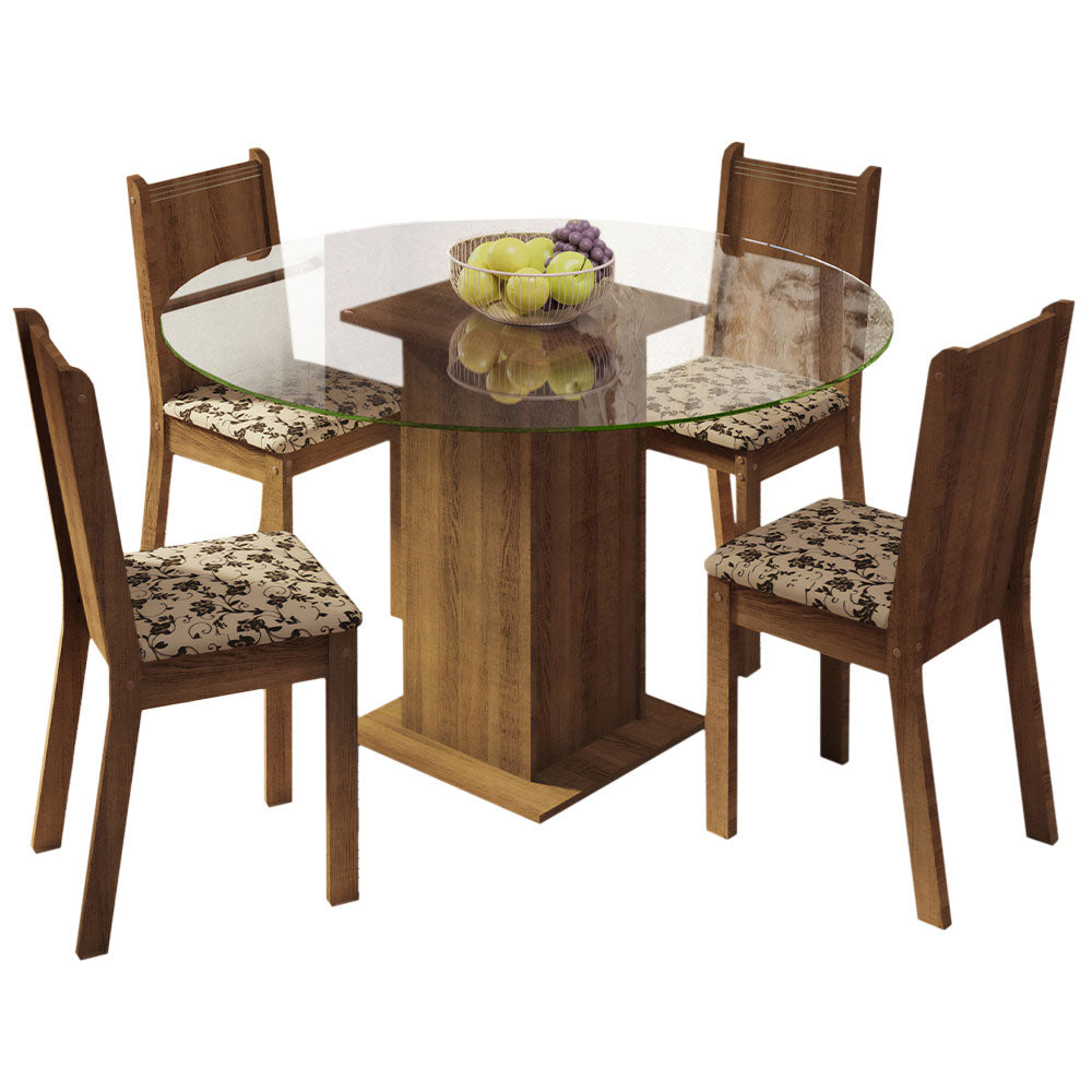 Juego de Comedor Madesa Paula Mesa Tapa de Vidrio Redondo 4 Sillas Marrón/Beige Marrón