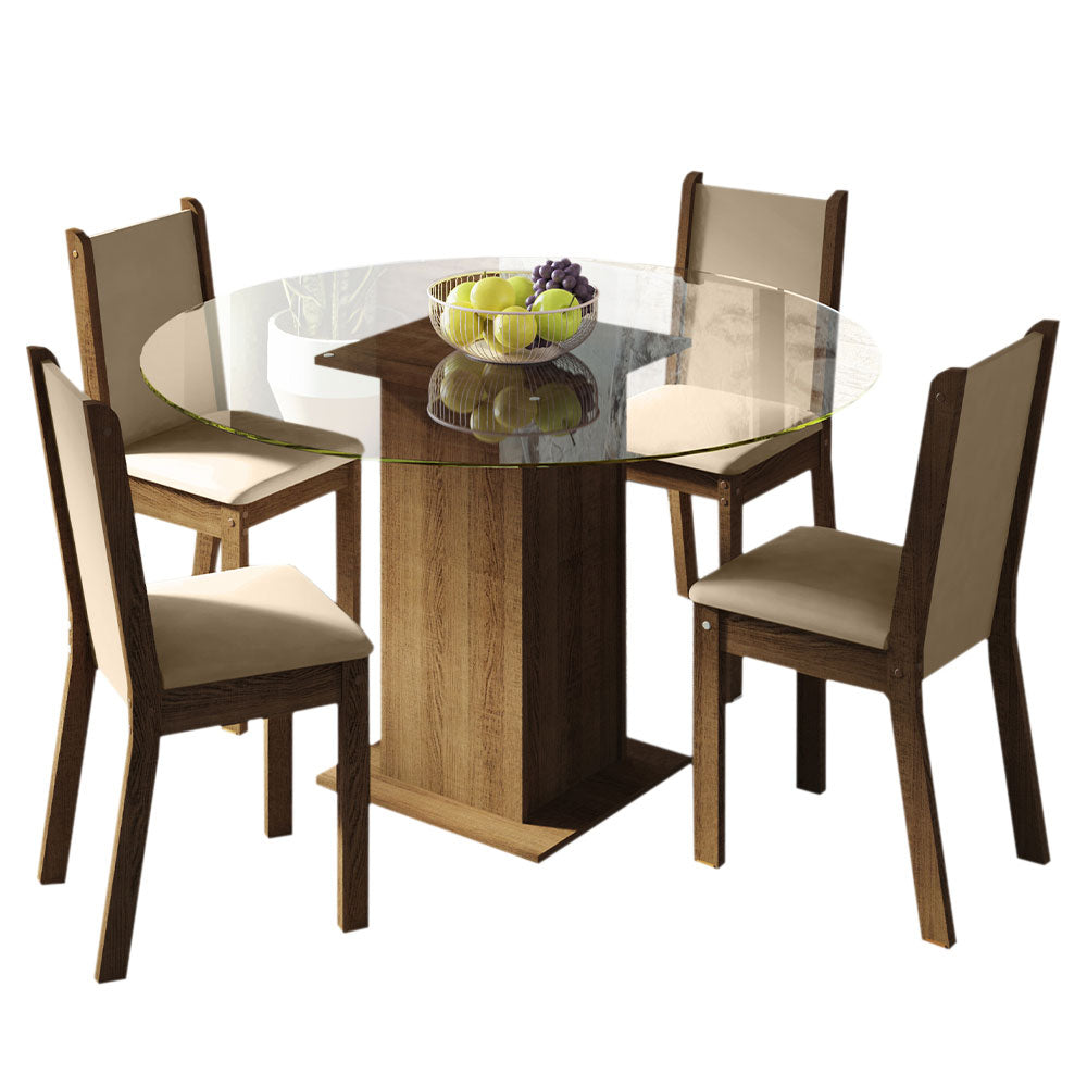 Juego de Comedor Madesa Madu Mesa Tapa de Vidrio Redondo 4 Sillas Marrón/Crema/Beige