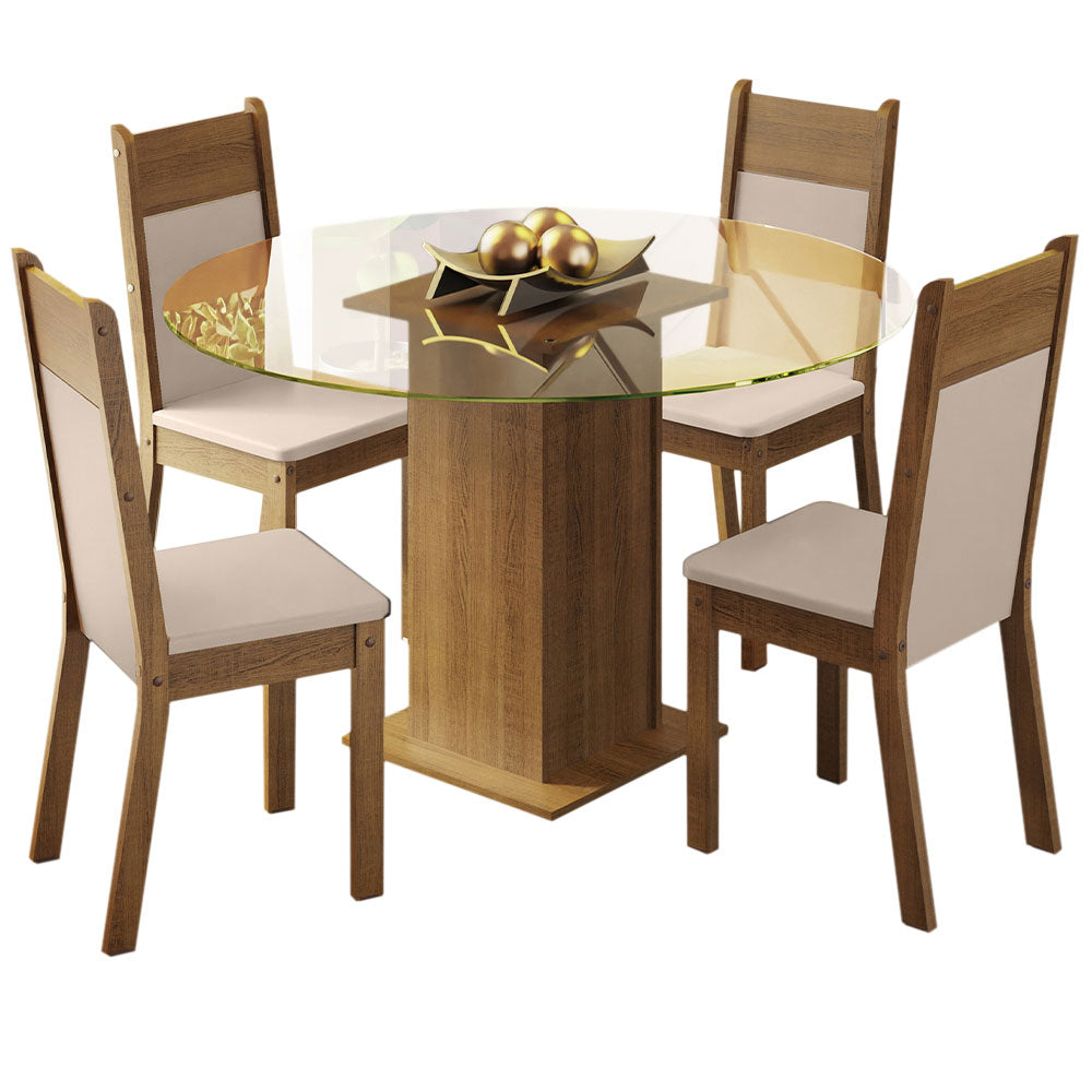 Juego de Comedor Madesa Ana Mesa Tapa de Vidrio Redondo 4 Sillas Marrón/Crema/Beige