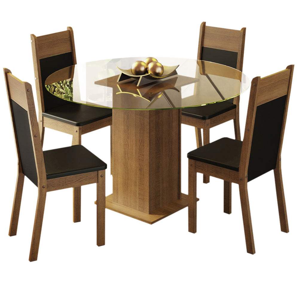 Juego de Comedor Madesa Ana Mesa Tapa de Vidrio Redondo 4 Sillas Marrón/Negro