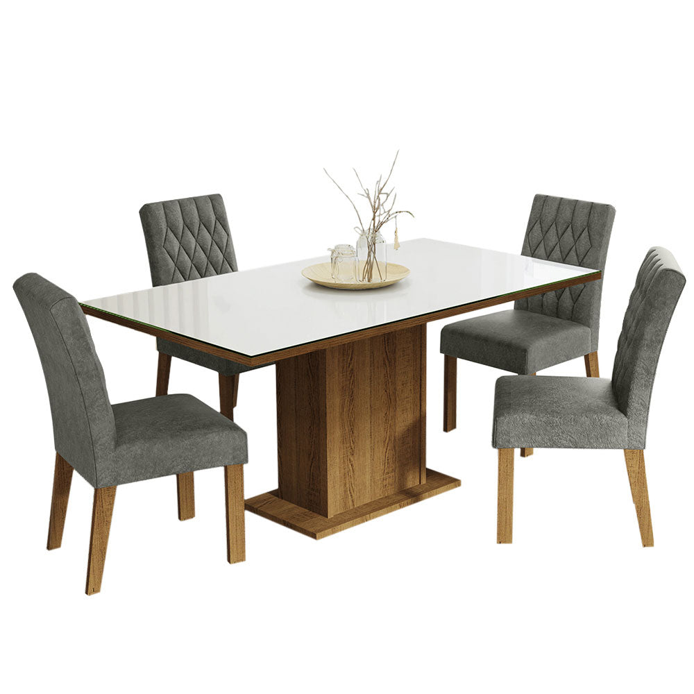Juego Comedor Mesa con Tapa de Vidrio 4 Sillas Marrón/Blanco/Gamuza Silver Marilia Madesa