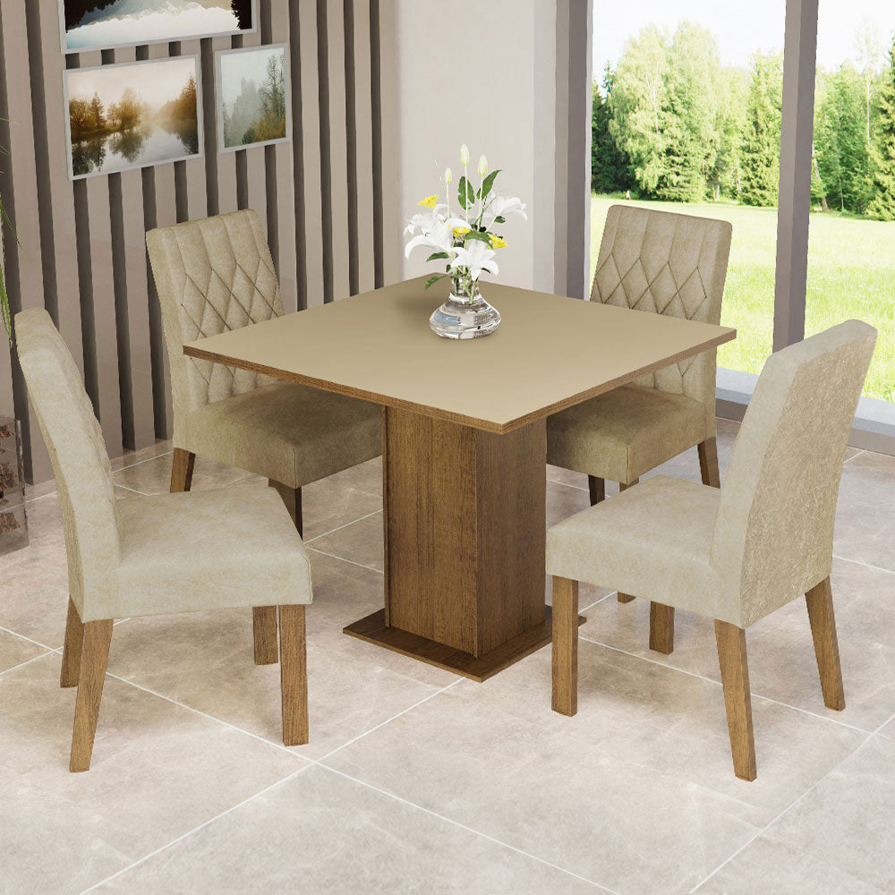 Juego de Comedor Mesa con Tapa de Madera 4 Sillas Livia Madesa - Marrón/Crema/Imperial