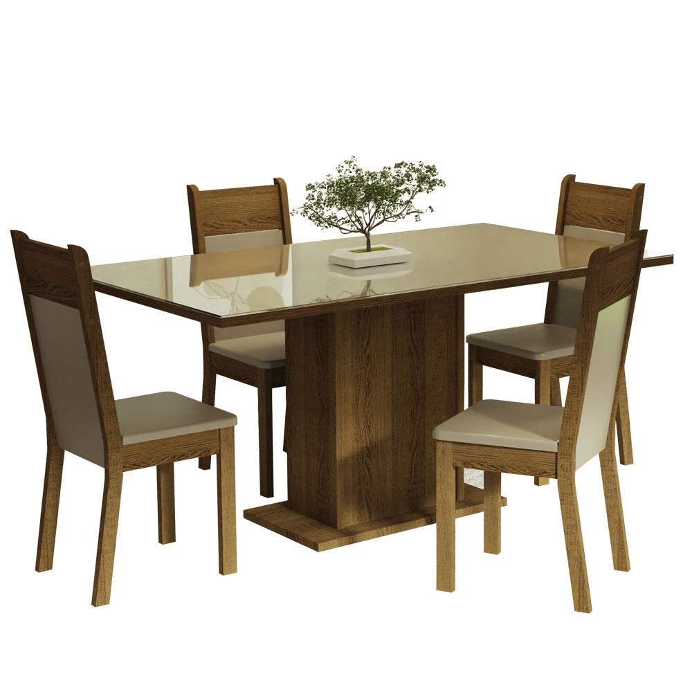 Juego de Comedor Mesa con Tapa de Vidrio 4 Sillas Crema/Marrón/Beige Greta Madesa