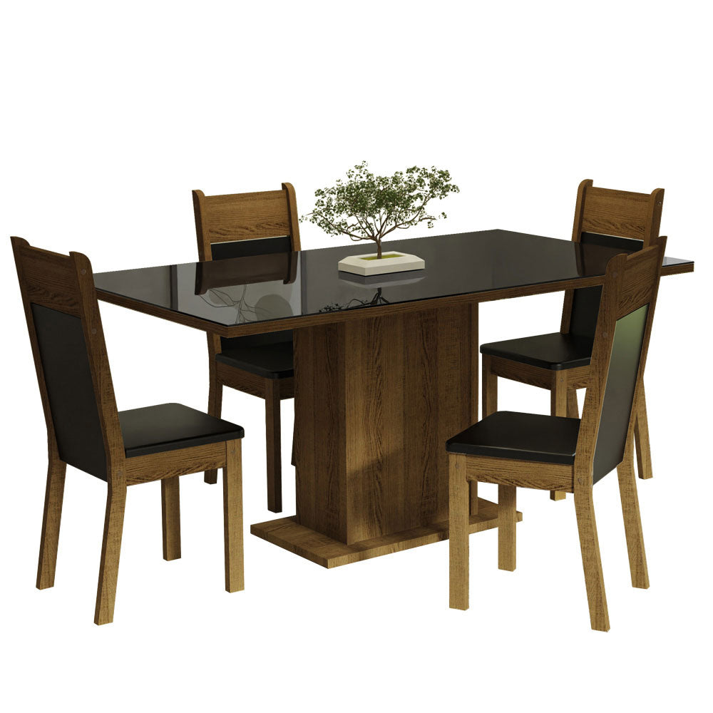 Juego de Comedor Mesa con Tapa de Vidrio 4 Sillas Negro/Marrón Greta Madesa