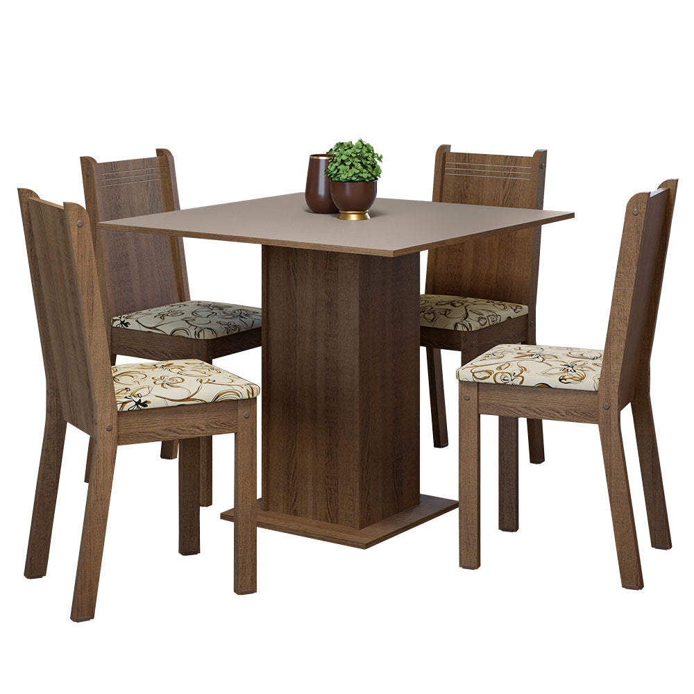 Juego de Comedor Mesa Tapa de Madera 4 Sillas Marrón/Crema/Lírio Beige Samara Madesa