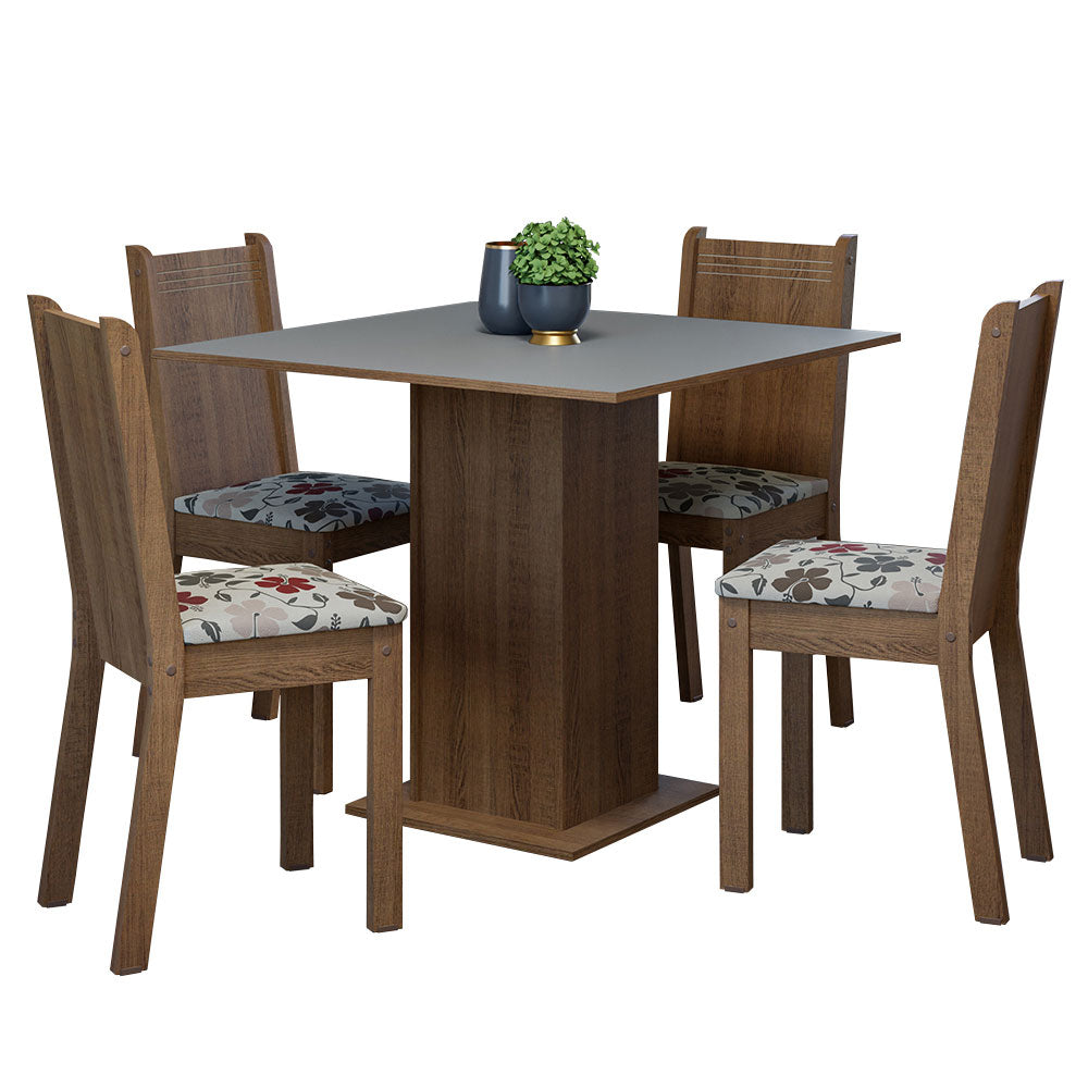 Juego de Comedor Mesa Tapa de Madera 4 Sillas Marrón/Gris/Floral Hibiscos Samara Madesa