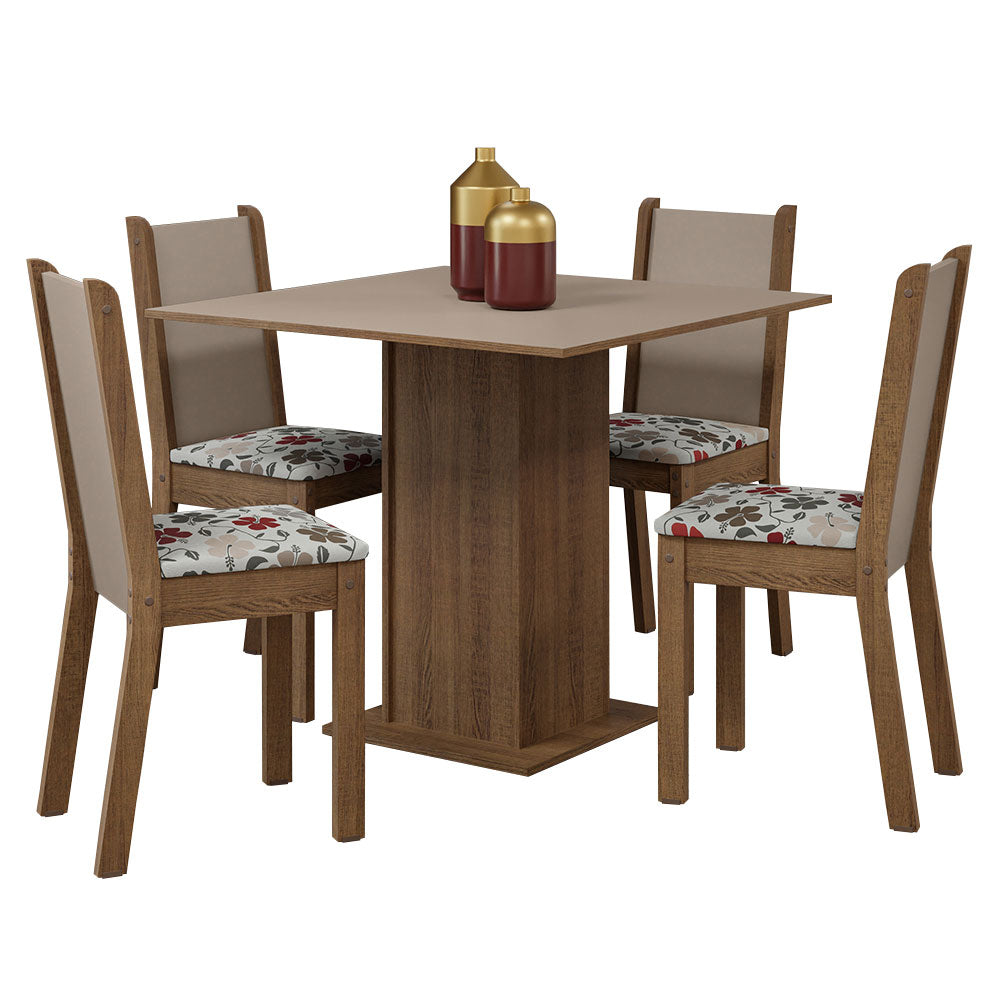 Juego de Comedor Mesa Tapa de Madera 4 Sillas Marrón/Crema/ Hibiscos Briana Madesa