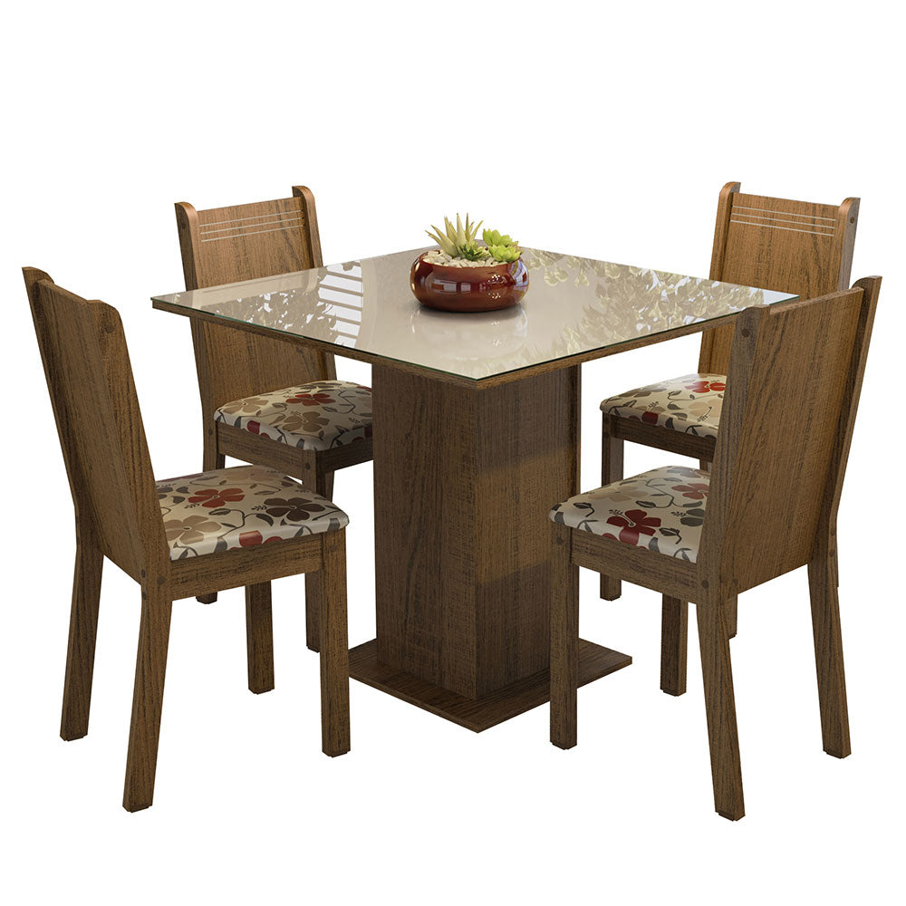 Juego de Comedor Mesa Tapa de Vidrio 4 Sillas Marrón/Crema/Hibiscos Perla Madesa