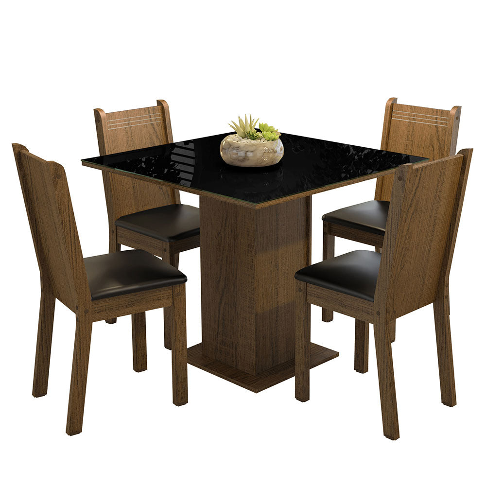 Juego de Comedor Mesa Tapa de Vidrio 4 Sillas Marrón/Negro Perla Madesa