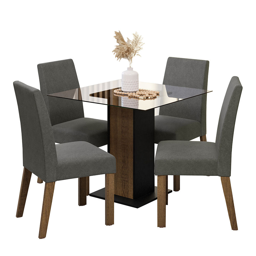 Juego de Comedor Mesa Tapa de Vidrio 4 Sillas Marrón/Negro/Silver Ivy Madesa