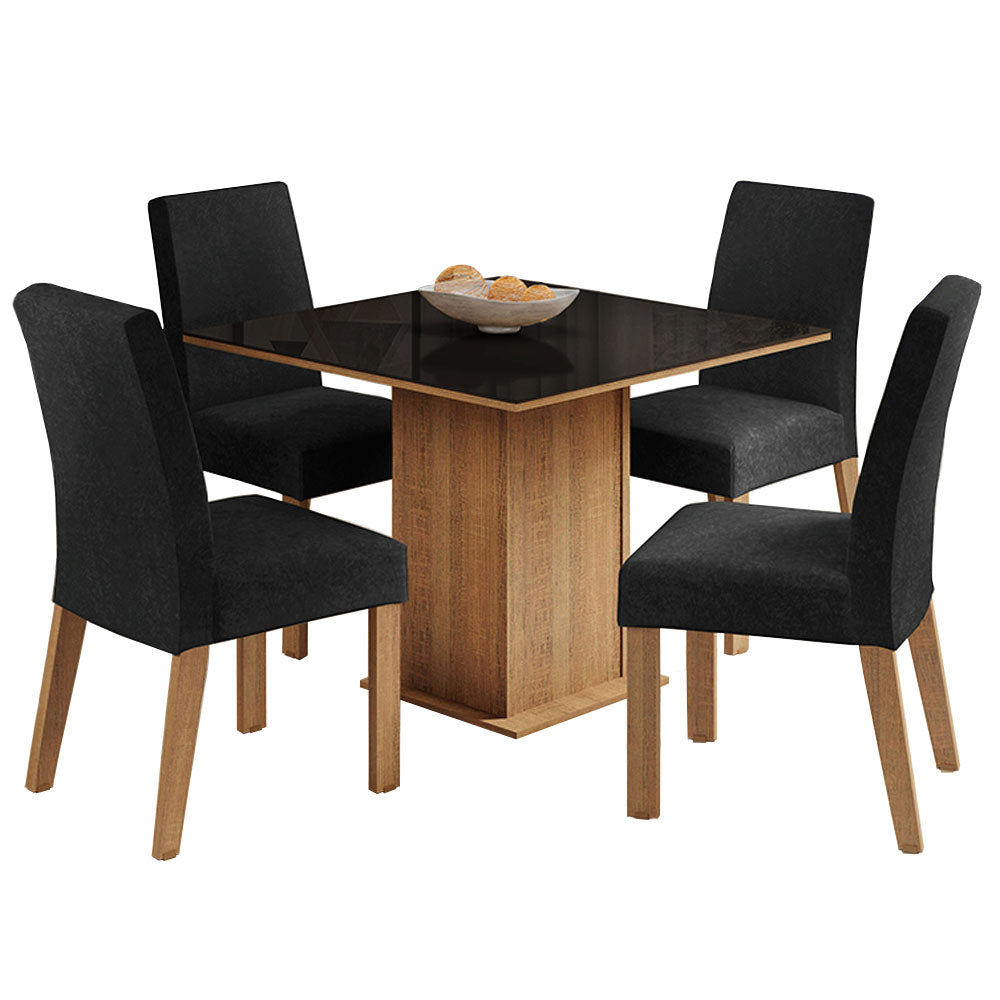 Juego de Comedor Madesa Evelin 4 Sillas - Tapa de Madera y Cristal Marrón/Negro/Oxford