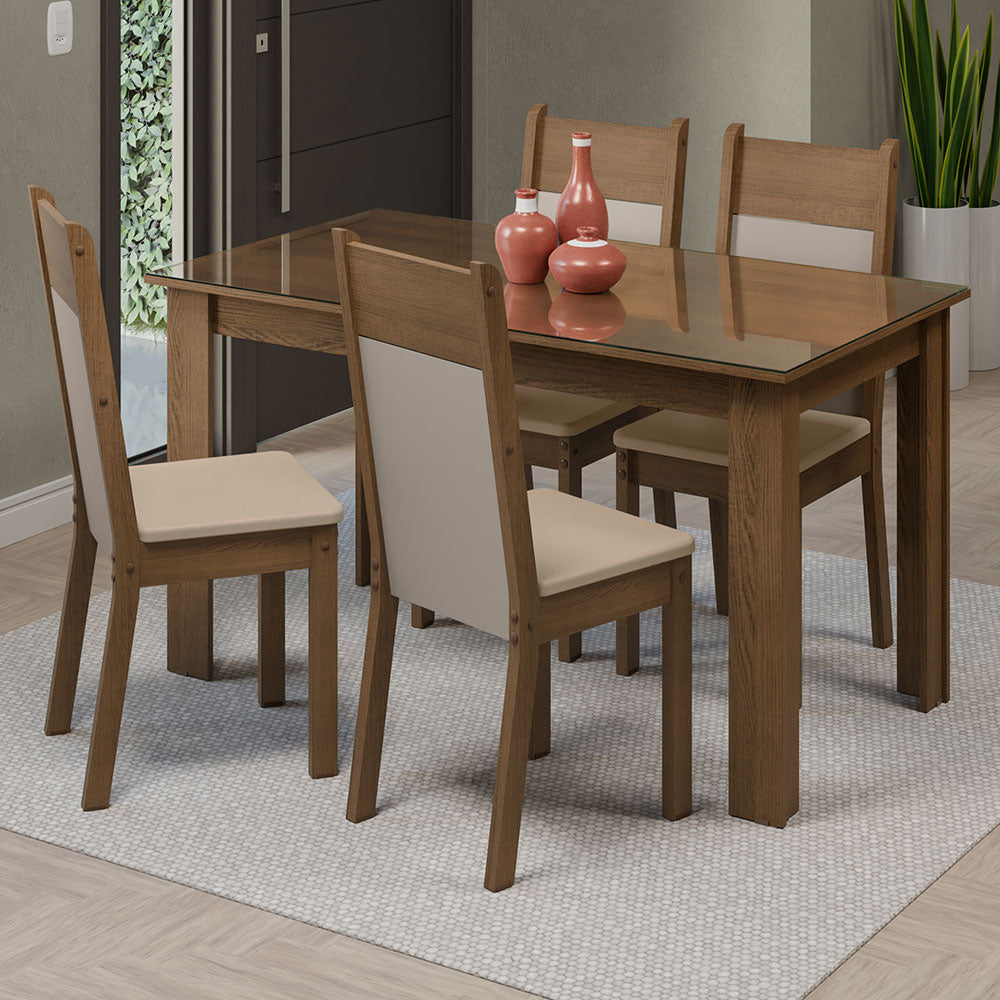 Juego de Comedor con Mesa de Tapa de Vidrio y 4 Sillas Marrón/Crema/Beige Eloá Madesa