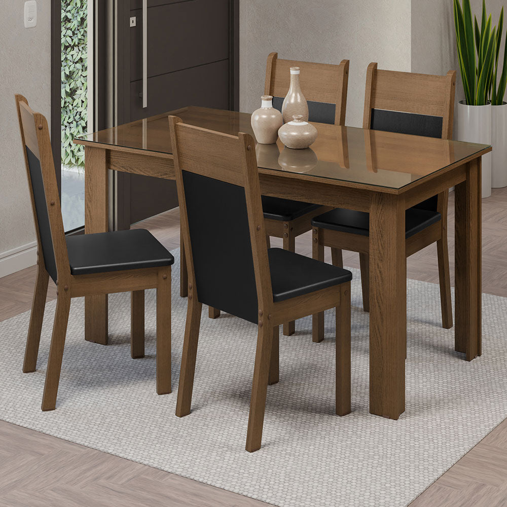 Juego de Comedor con Mesa de Tapa de Vidrio y 4 Sillas Marrón/Negro Eloá Madesa