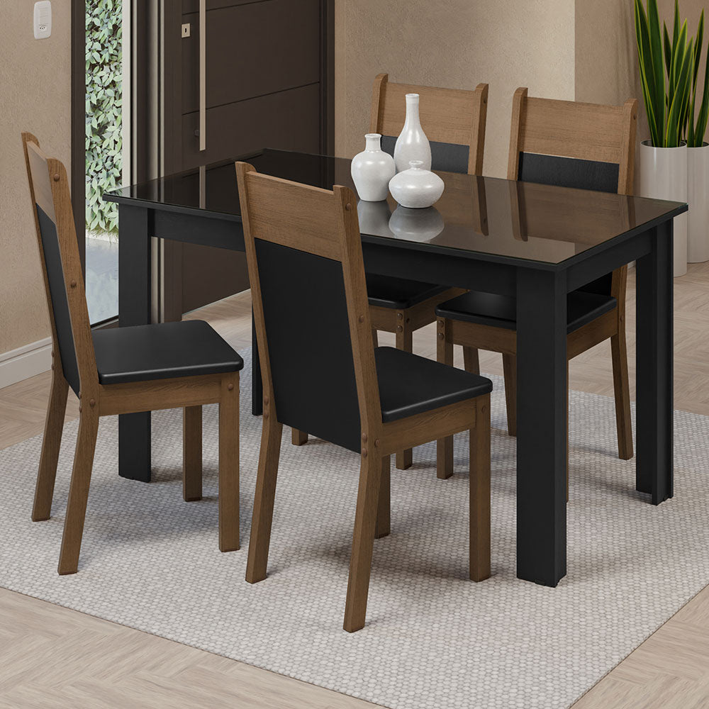 Juego de Comedor con Mesa de Tapa de Vidrio y 4 Sillas Negro/Marrón Eloá Madesa