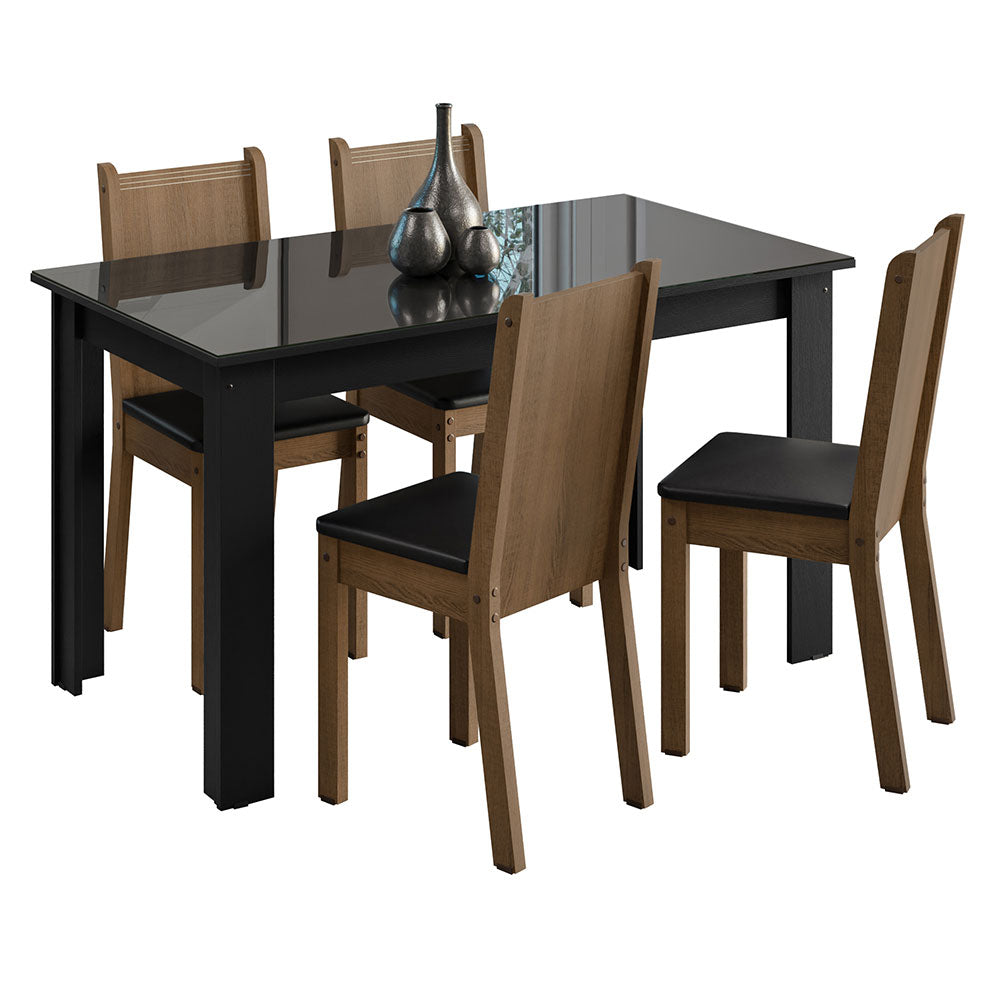 Juego de Comedor Mesa Tapa de Vidrio 4 Sillas Negro/Marrón Kiara Madesa