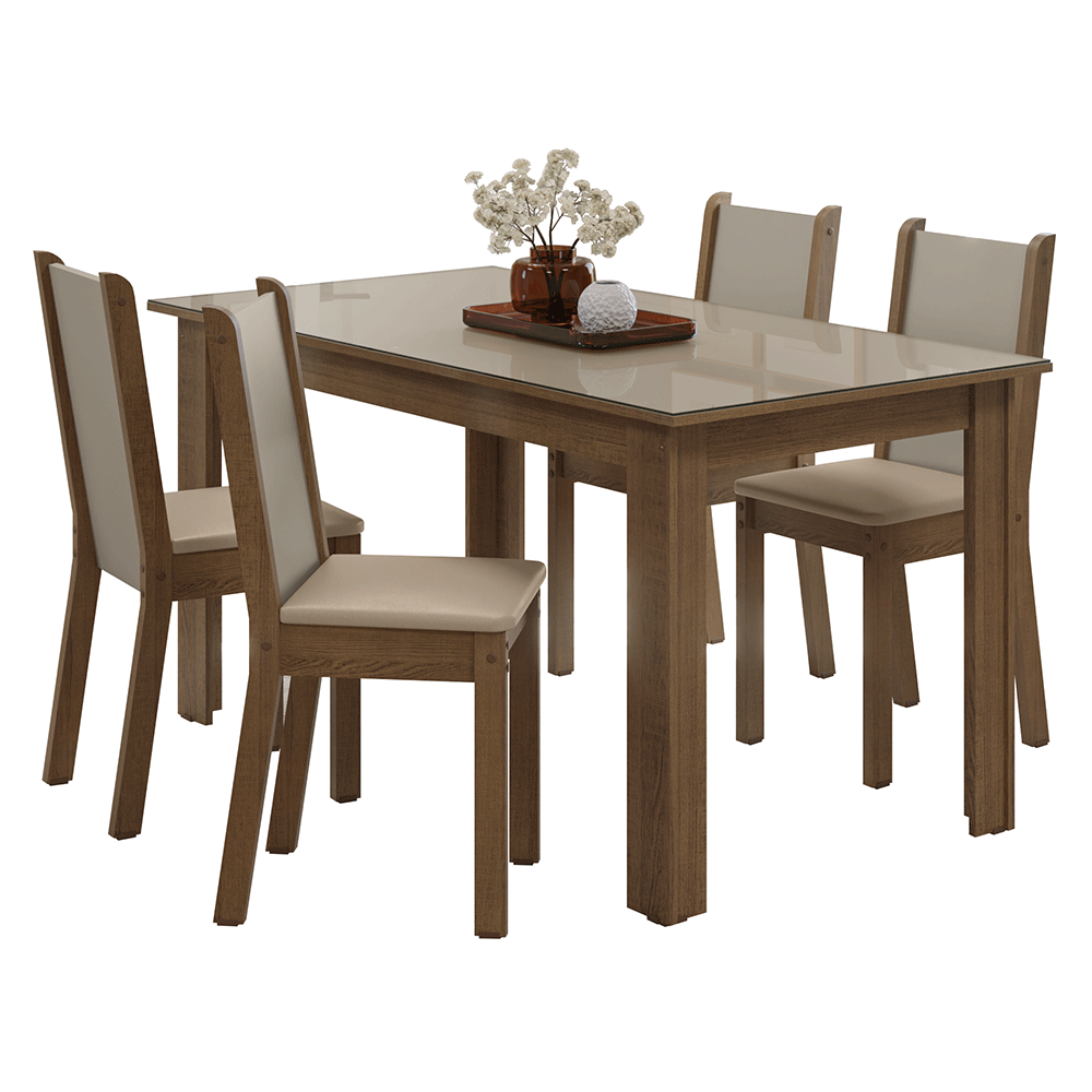 Juego Comedor Magnólia Mesa Tapa de Vidrio 4 Sillas Marrón/Crema/Sintético Beige Madesa