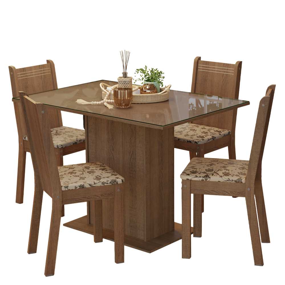 Conjunto Comedor Mesa Mesada de Vidro 4 Sillas Marrón/Bege Marrom Camélia Madesa