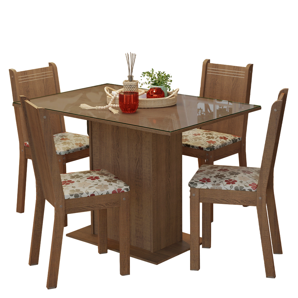 Conjunto Comedor Mesa Mesada de Vidro 4 Sillas Marrón/Hibiscos Camélia Madesa