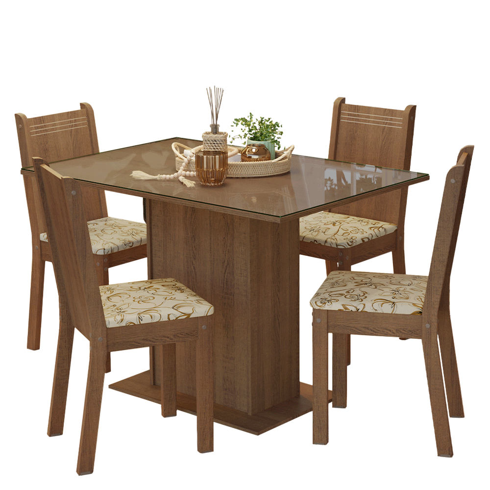 Conjunto Comedor Mesa Mesada de Vidro 4 Sillas Marrón/Lírio Bege Camélia Madesa