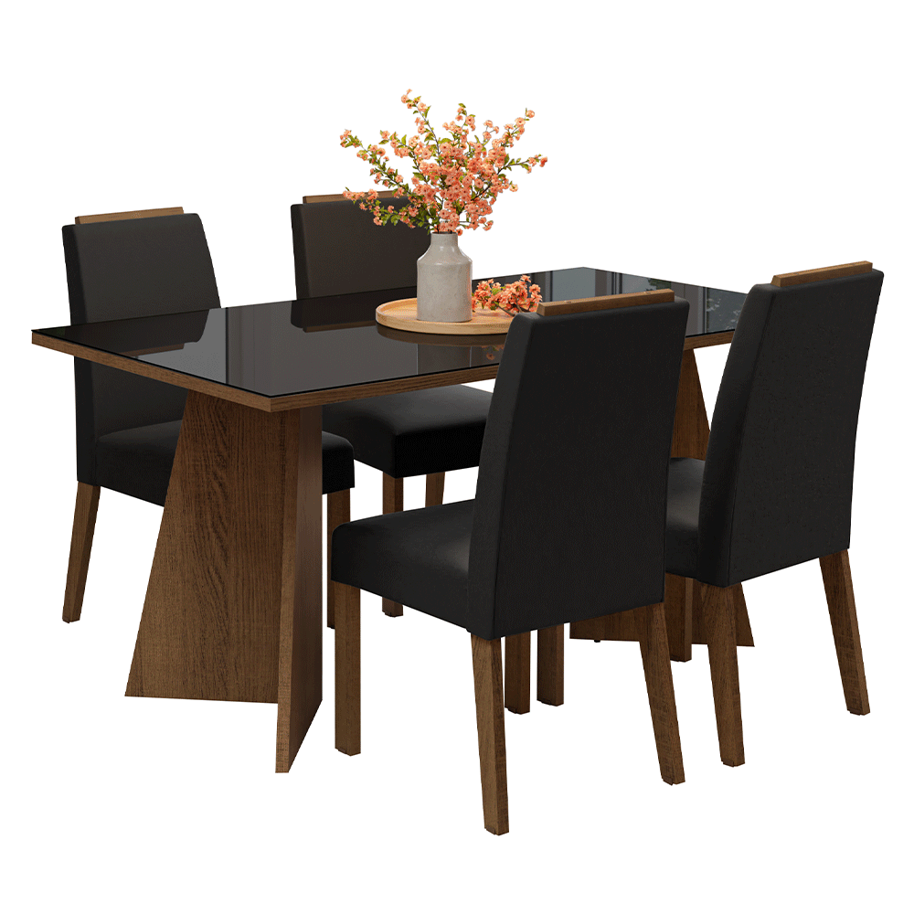 Juego de Comedor Mesada de Vidrio 4 Sillas Braga Marrón/Negro/Oxford
