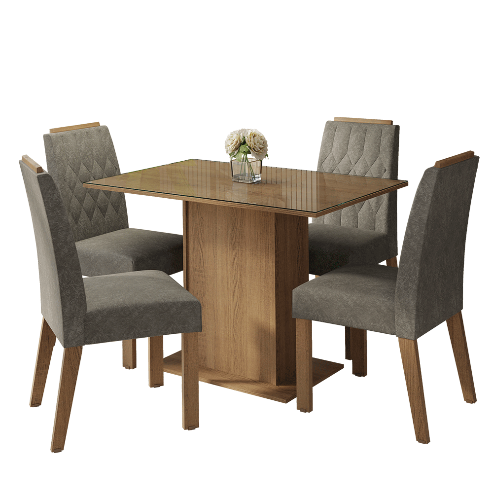 Juego de Comedor Tapa de Vidrio 4 Sillas Marrón/Silver Pitanga Madesa
