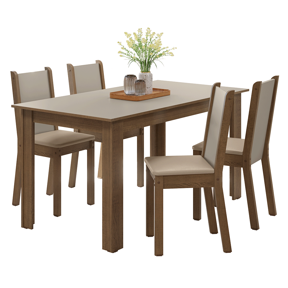 Juego de Comedor Alva Mesa Tapa de Madera 4 Sillas Marrón/Crema/Sintético Beige Madesa