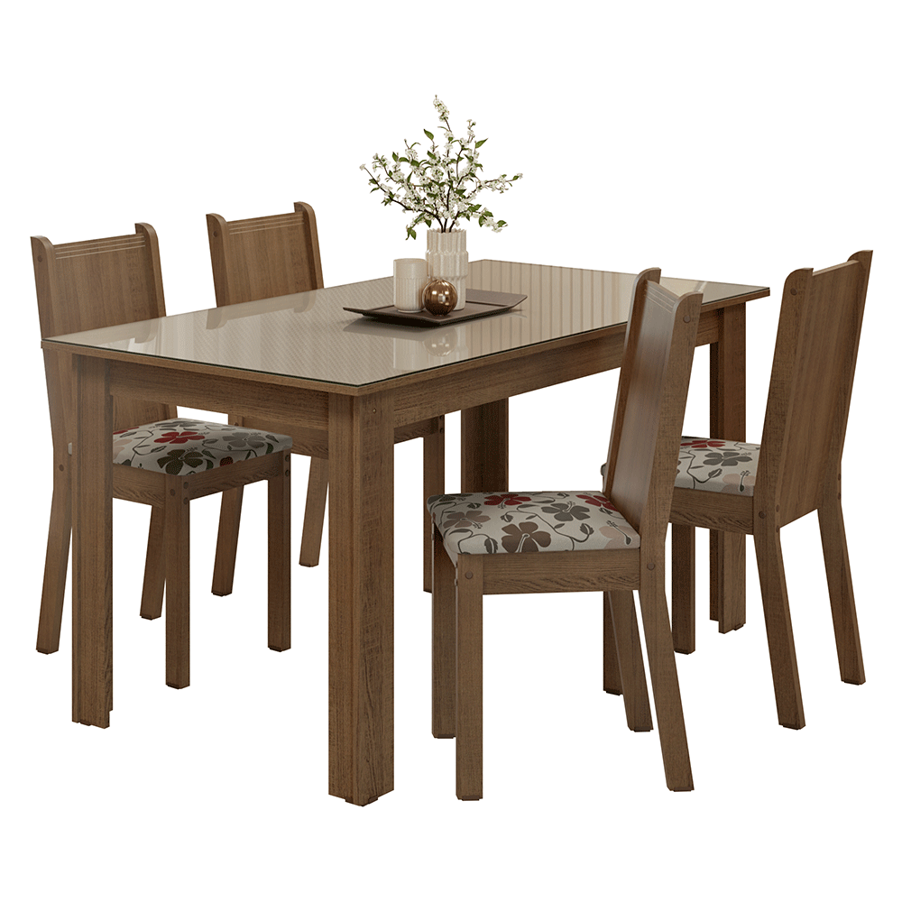 Juego de Comedor Mesa Tapa de Vidrio 4 Sillas Marrón/Crema/Floral Hibiscos Madesa