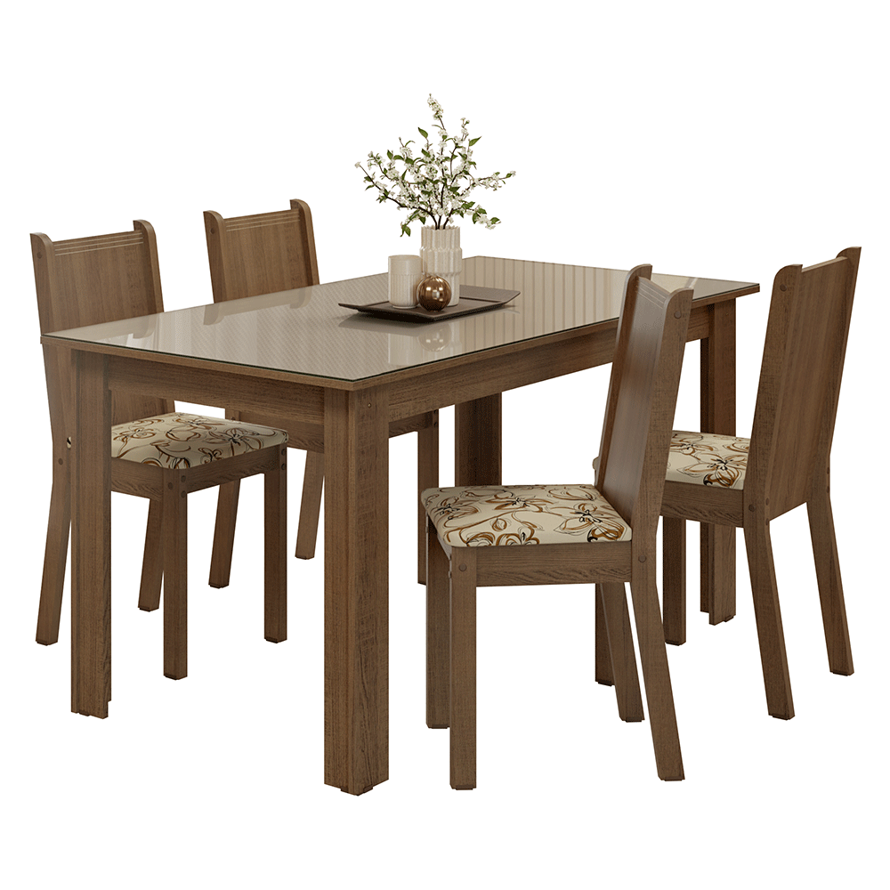Juego de Comedor Mesa Tapa de Vidrio 4 Sillas Marrón/Crema/Lirio Beige Madesa