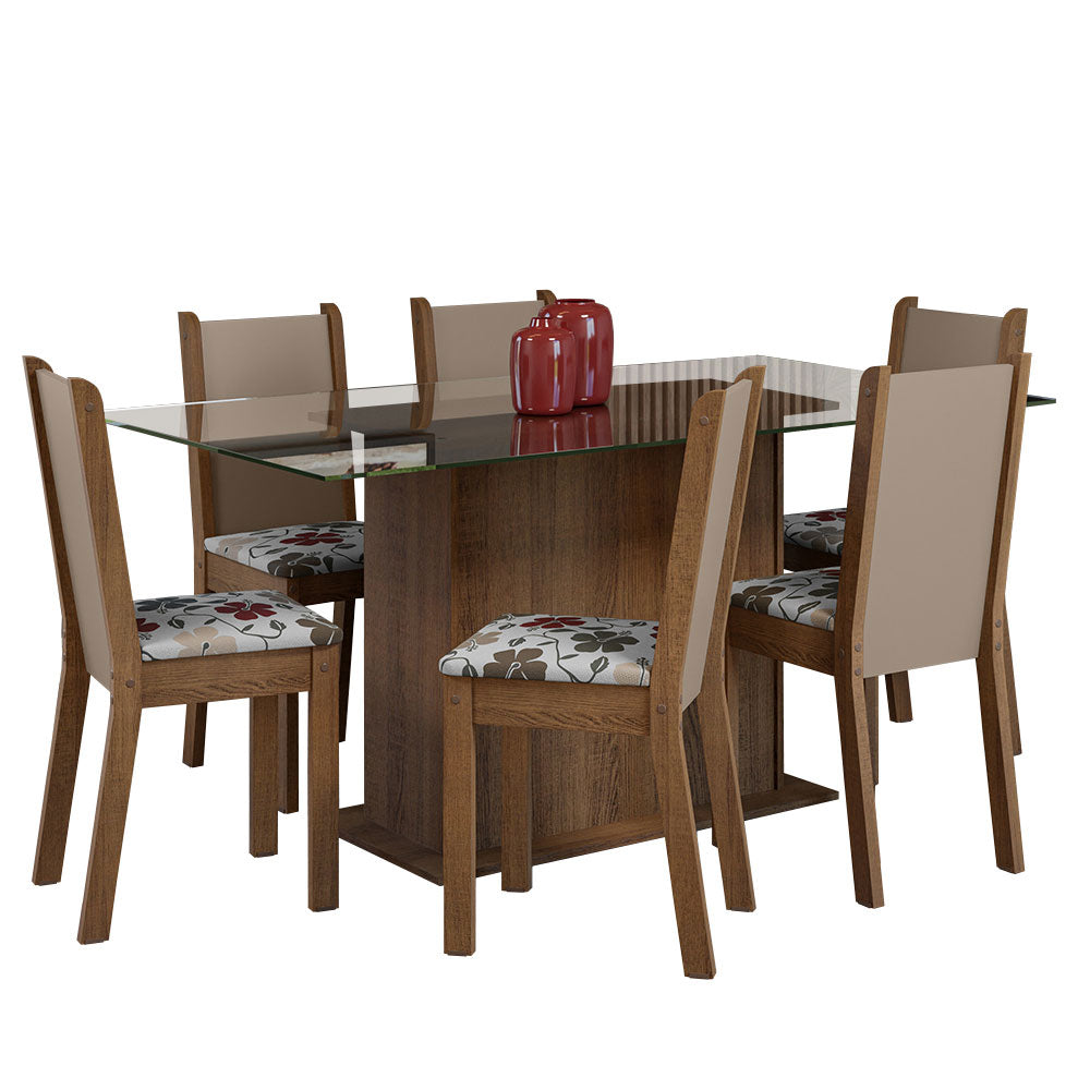 Juego de Comedor Mesa Tapa de Vidrio 6 Sillas Marrón/Crema/Floral Hibiscos Yolanda Madesa