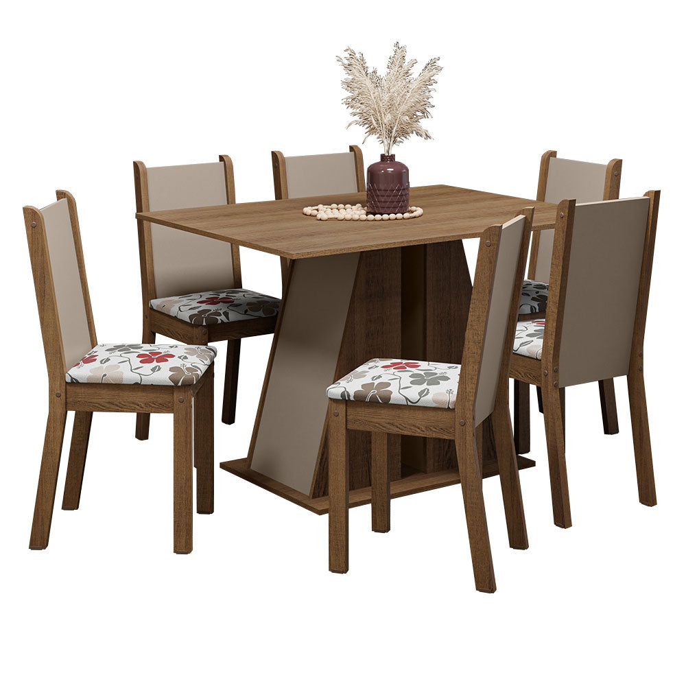Juego de Comedor Mesa Tapa de Madera 6 Sillas Marrón/Crema/Hibiscos Wendy Madesa
