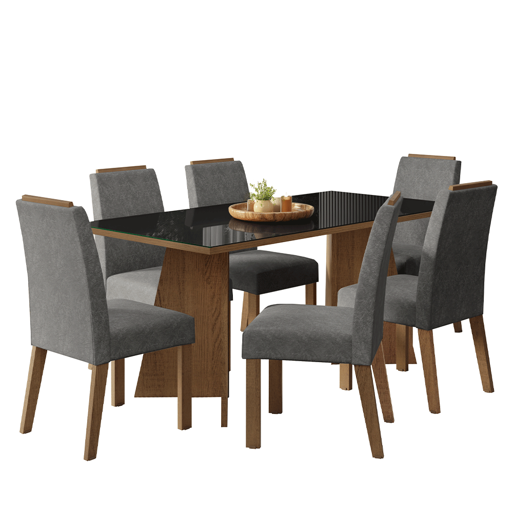 Juego de Comedor Mesada de Vidrio 6 Sillas Amalfi Marrón/Negro/Silver