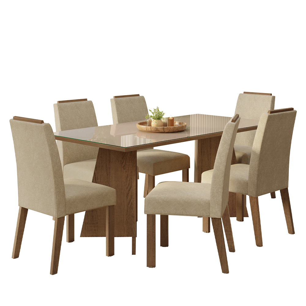 Juego de Comedor Mesada de Vidrio 6 Sillas Amalfi Marrón/Crema/Imperial