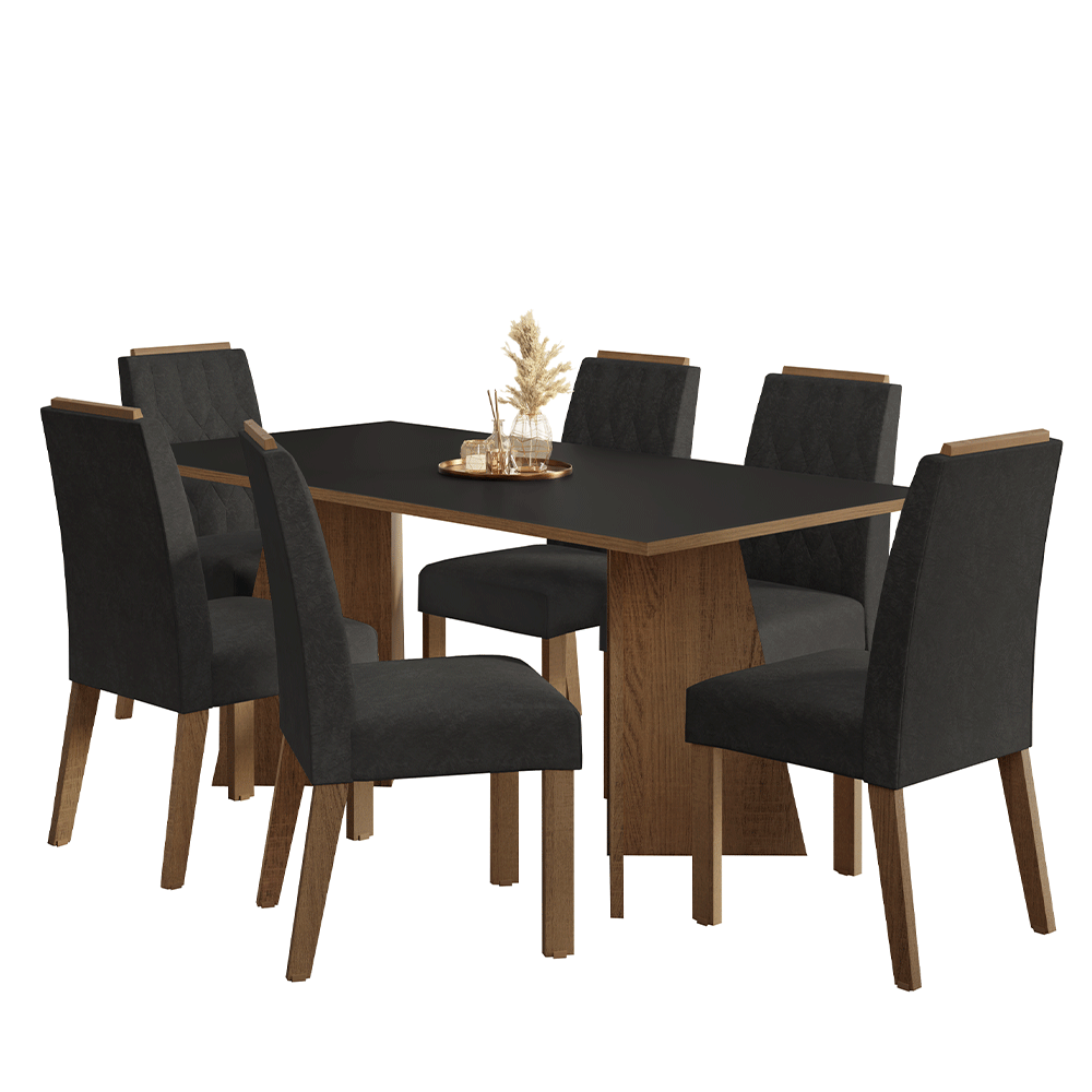 Juego de Comedor Mesada de Madera 6 Sillas York Marrón/Negro/Oxford