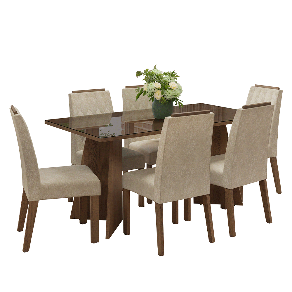 Juego de Comedor Mesada de Vidrio 6 Sillas Sintra Marrón/Imperial