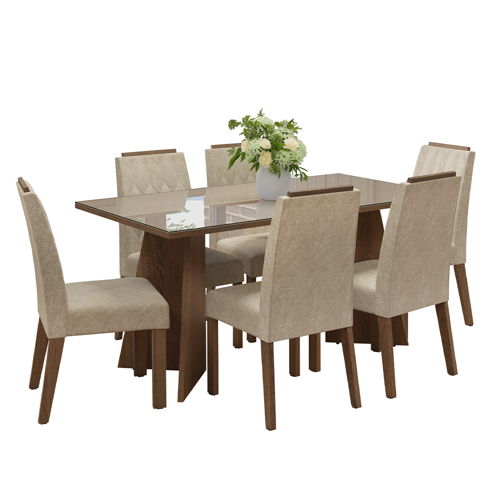 Juego de Comedor Mesada de Vidrio 6 Sillas Sintra Marrón/Crema/Imperial