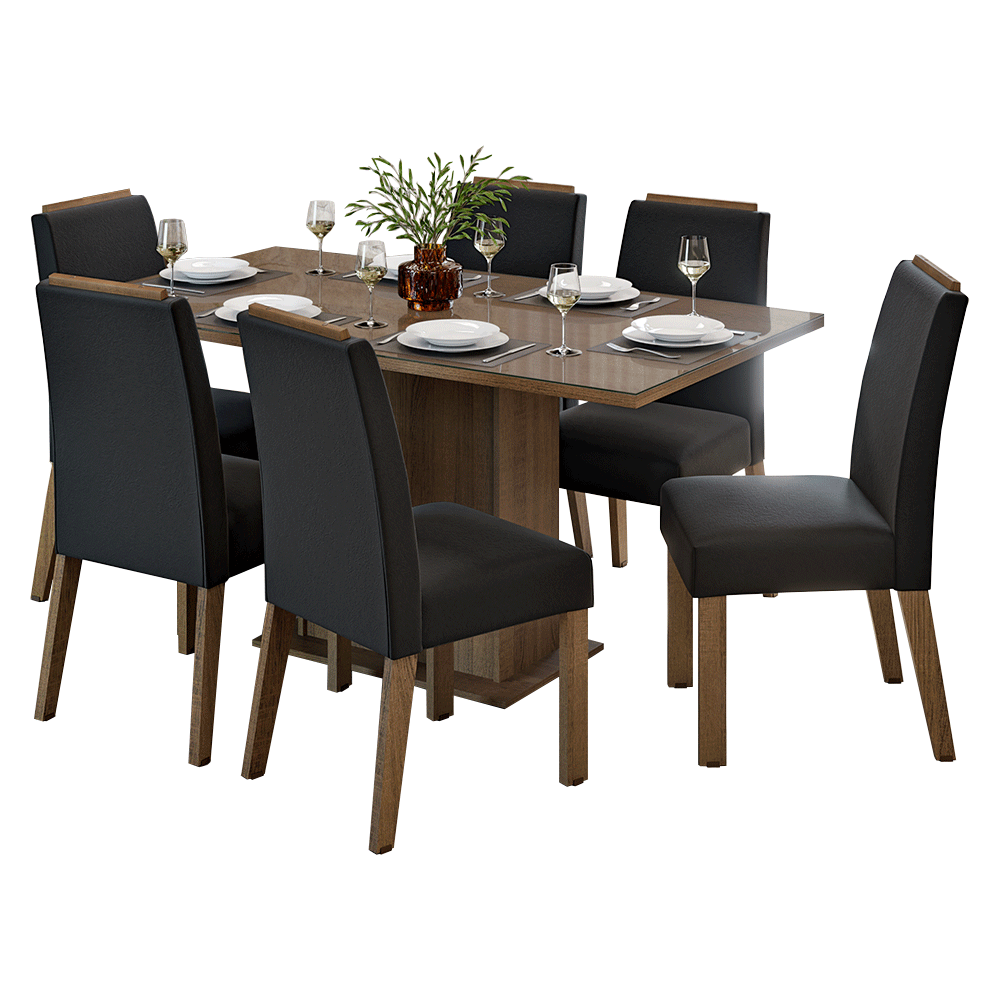 Juego de Comedor Tapa de Vidrio 6 Sillas Marrón/Oxford Dália Madesa