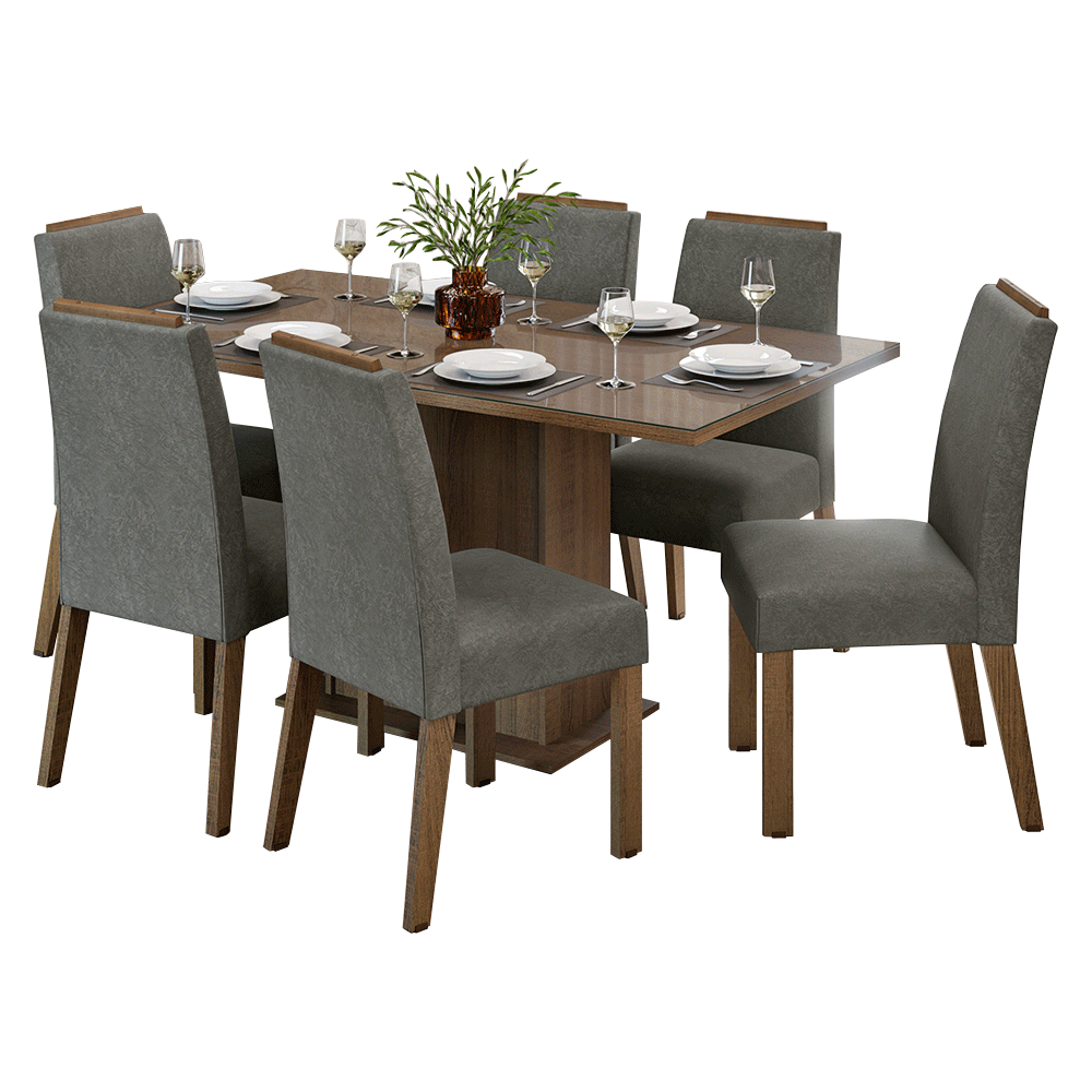 Juego de Comedor Tapa de Vidrio 6 Sillas Marrón/Silver Dália Madesa